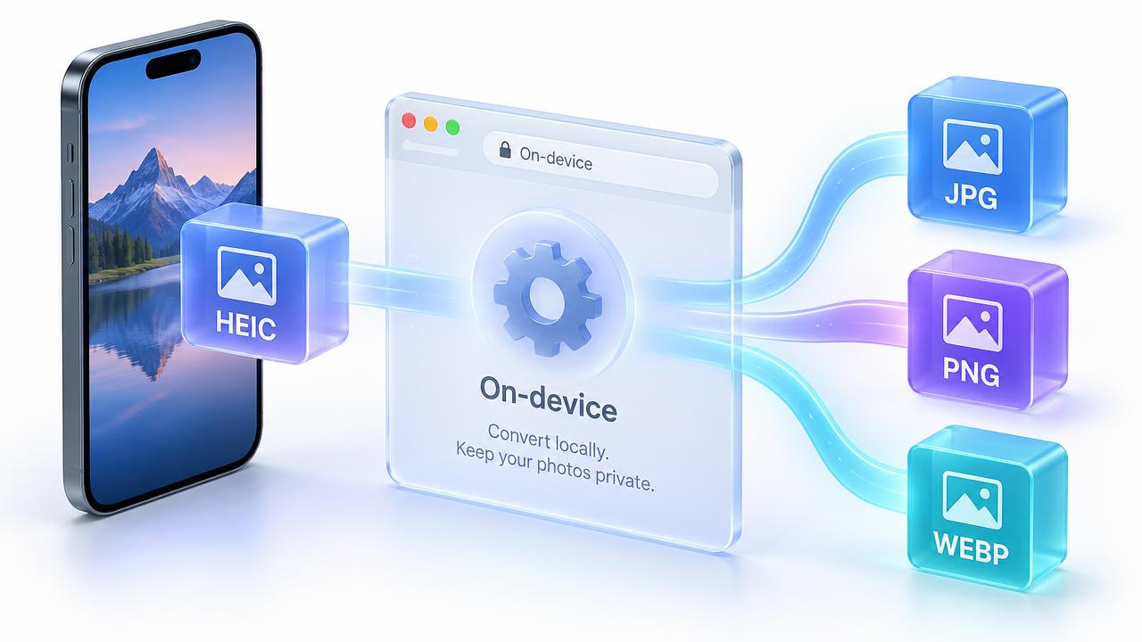 3D diagram of an iPhone HEIC photo converting to JPG, PNG and WebP on a Windows laptop