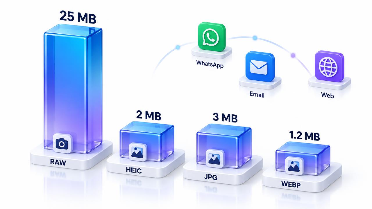 3D diagram comparing photo file sizes across formats with limits for YouTube, WhatsApp and email